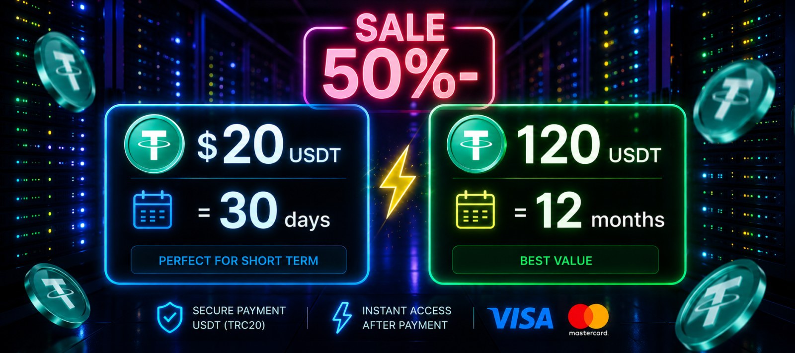 Pay in crypto or VISA/Mastercard